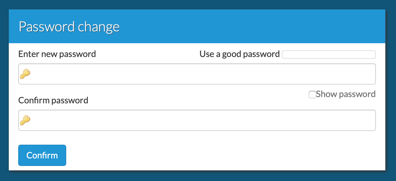 Password reset form displaying password complexity meter